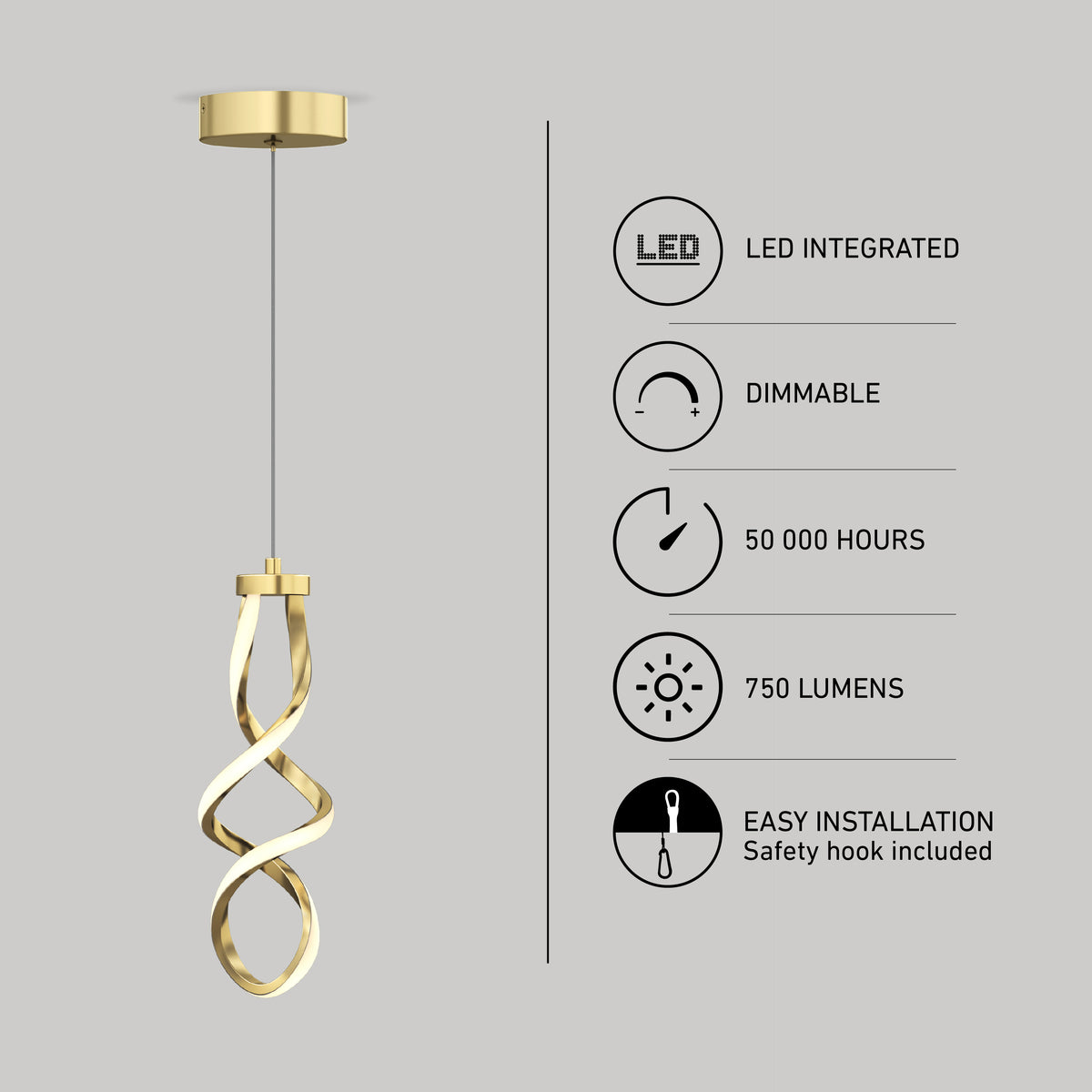 The Artika Mini Swirl LED pendant light hangs from the ceiling. On the right, icons show its features: integrated LED, dimmable, 50,000-hour lifespan, 750 lumens brightness, and easy installation with a safety hook.