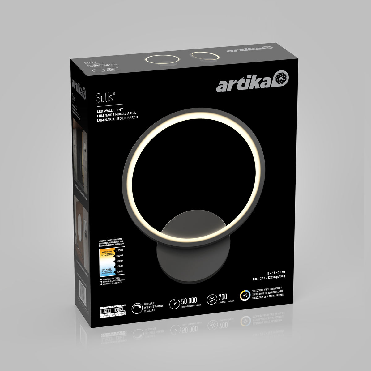 A black Artika Solis LED wall light box featuring a circular light design on the front, product specs, and branding in white text against a gray background.