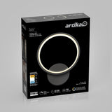 A black Artika Solis LED wall light box featuring a circular light design on the front, product specs, and branding in white text against a gray background.