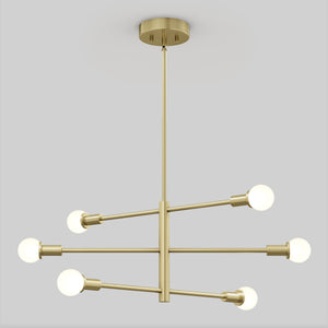 The Aristo LED 5 CCT pendant light by Artika features a modern gold design with six exposed round bulbs on horizontal rods extending from a central stem, suspended from the ceiling against a plain light gray background.