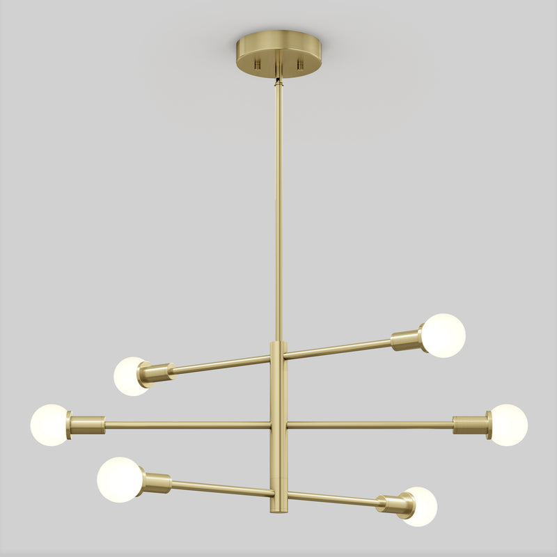 The Aristo LED 5 CCT pendant light by Artika features a modern gold design with six exposed round bulbs on horizontal rods extending from a central stem, suspended from the ceiling against a plain light gray background.