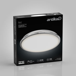 Box of Artika Vera 13 in. Modern LED Flush Mount Ceiling Light, round white fixture with chrome finish on black background.