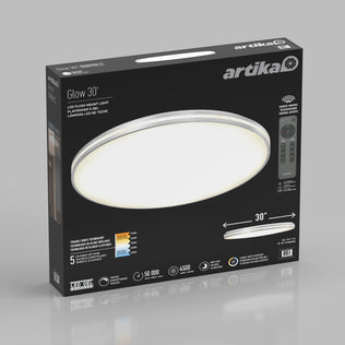 Artika GLOW 30 in. LED Flush Mount Ceiling Light, 5 CCT, with remote, comes in black packaging.