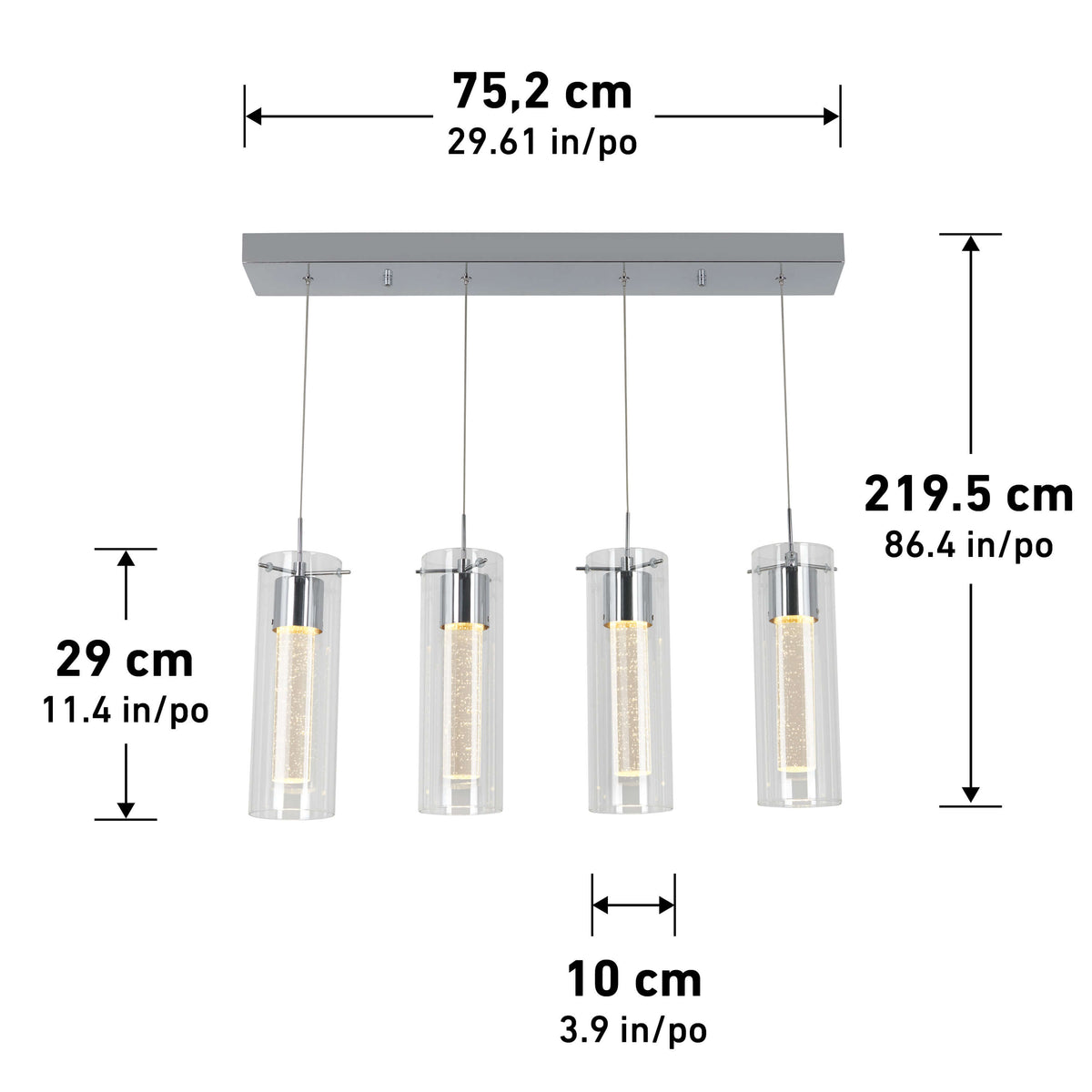 A modern ceiling light fixture with four cylindrical glass pendants hanging from a rectangular base. Dimensions are labeled in centimeters and inches for the base, height, and each pendant.