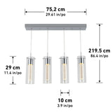 A modern ceiling light fixture with four cylindrical glass pendants hanging from a rectangular base. Dimensions are labeled in centimeters and inches for the base, height, and each pendant.
