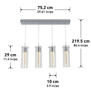 The Artika Essence 4-light LED pendant is a modern fixture with four glass cylinders suspended from a rectangular metal base. Width, height, and diameter are shown in both centimeters and inches for each component.