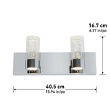 Rectangular chrome vanity light fixture with two cylindrical glass shades containing bubble-like textures. Measurements are shown: height 16.7 cm (6.57 in) and width 40.5 cm (15.94 in).