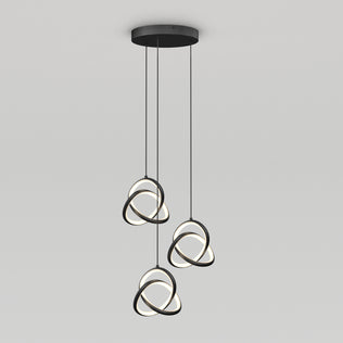 The Artika Zephyr 3-light LED pendant features three black rings with illuminated inner edges, intertwined and suspended from a round black ceiling mount by cords for a modern look.