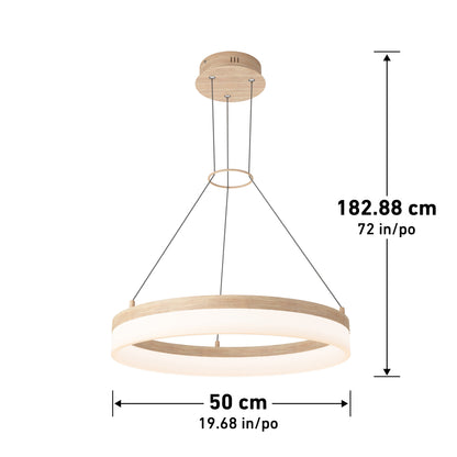 The Artika Optical LED pendant light 3 CCT features a modern circular design with a wood finish, hung by three cables from a round mount. Diameter: 50 cm (19.68 in). Max hanging length: 182.88 cm (72 in)—perfect for minimalist spaces.