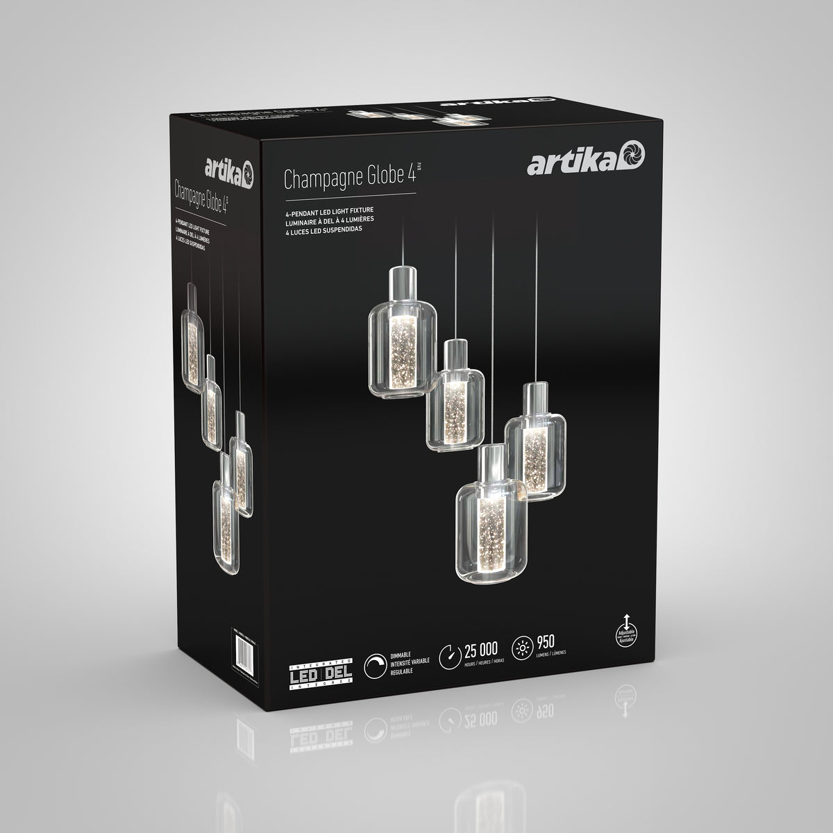 A black box displays the Artika Champagne Globe 4 pendant light fixture, featuring four glass globe lights with bubbles inside, shown suspended at different heights. Product features and LED icons are visible on the packaging.