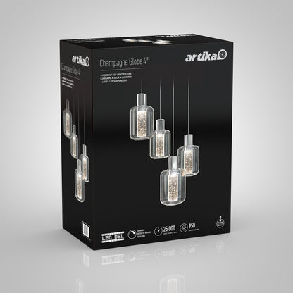A black box displays the Artika Champagne Globe 4-light LED pendant, showing four glass lights hanging at varying heights. LED and brightness icons appear at the bottom.