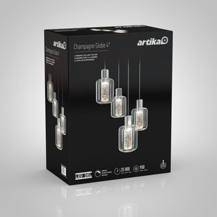 Artika’s Champagne Globe 4-light LED pendant comes in black box packaging, featuring images of the four glass globe lights with champagne interiors, product details, and icons for LED, lifespan, wattage, and brightness.