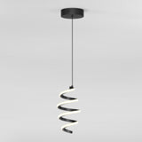 A modern pendant light with a black circular ceiling mount and a hanging spiral-shaped LED fixture, emitting a soft white glow against a plain white background.