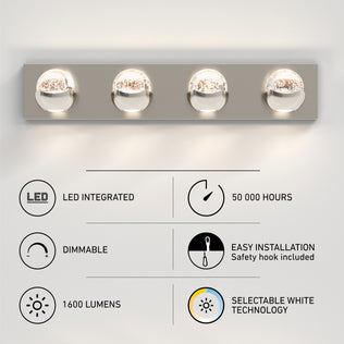 The Artika Oracle 4 light LED bathroom vanity fixture, 1600 lumens and dimmable, is perfect for modern, stylish bathrooms.