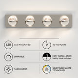 A modern wall-mounted light fixture with four round LED bulbs, shown above icons and text highlighting features: LED integrated, dimmable, 1600 lumens, 50,000 hours, easy installation, and selectable white technology.