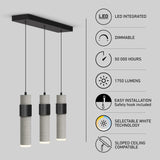 Modern pendant light fixture with three cylindrical, concrete-style LED lights hanging from a rectangular black base. Icons and text highlight features: LED integrated, dimmable, 50,000 hours, 1750 lumens, easy installation, selectable white, sloped ceiling compatible.