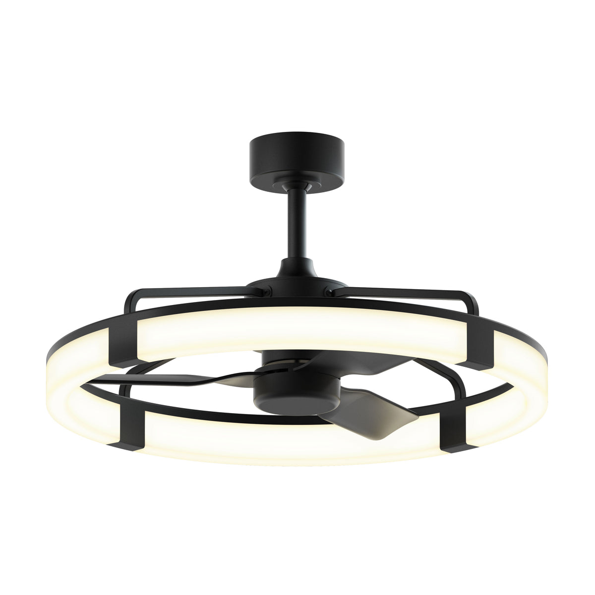 Modern ceiling fan with three black blades and a circular LED light ring, mounted on a short rod and base, featuring a sleek, contemporary design.