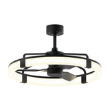 Modern ceiling fan with three black blades and a circular LED light ring, mounted on a short rod and base, featuring a sleek, contemporary design.