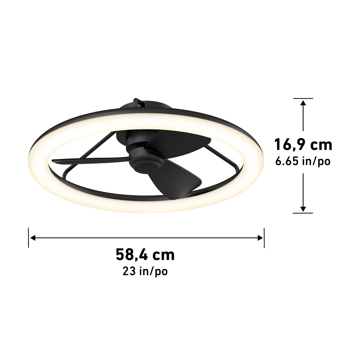 Black ceiling fan with integrated circular LED light, shown with dimensions: 58.4 cm (23 inches) wide and 16.9 cm (6.65 inches) tall. The light ring surrounds three fan blades.