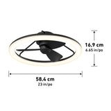Black ceiling fan with integrated circular LED light, shown with dimensions: 58.4 cm (23 inches) wide and 16.9 cm (6.65 inches) tall. The light ring surrounds three fan blades.