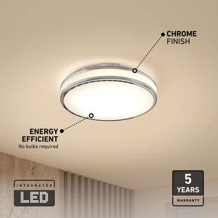 Artika Hemisphere 15 in. LED Flush Mount Ceiling Light offers 5 CCT options, sleek chrome finish, and a 5-year warranty for energy savings.