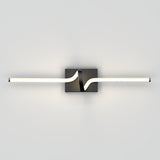 A modern wall sconce with a black square base and a horizontal LED light bar, featuring a wave-like bend in the center, mounted on a plain light gray wall.