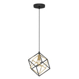 A modern pendant light with a black circular ceiling mount, a long black cord, and a geometric cube-shaped metal frame in black and gold, enclosing a single exposed bulb.