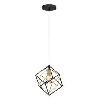 The Artika Imperium Single pendant light features a black ceiling mount and cord, with a geometric black and gold cube frame surrounding an exposed bulb for a modern look.