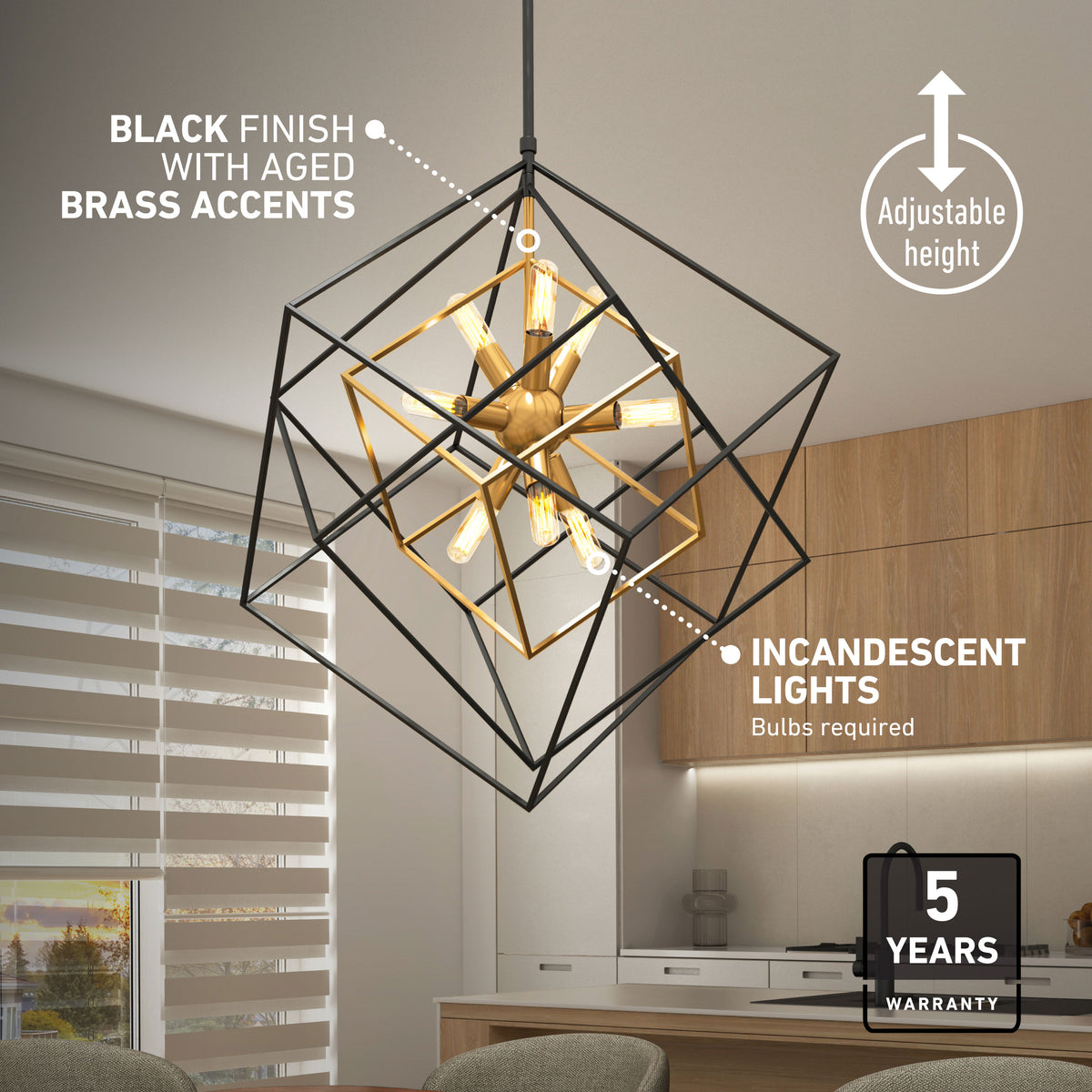 The Artika Imperium 9-light LED chandelier shines elegantly in the modern kitchen; 5-year warranty label displayed.