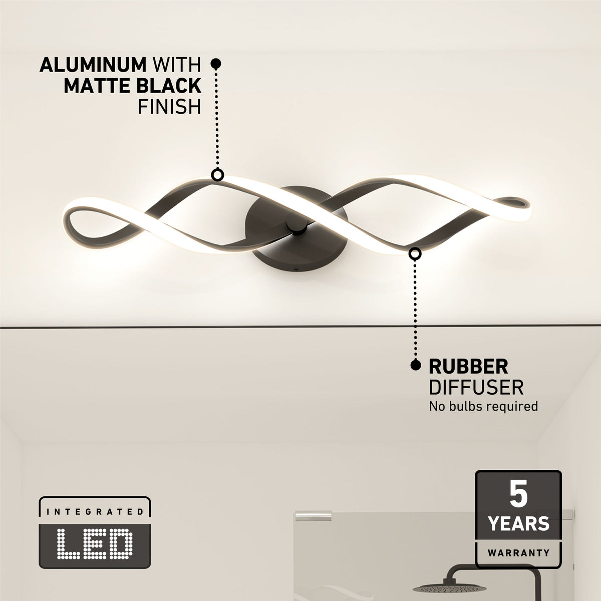 The Artika Swirl LED bathroom vanity light features a wavy aluminum body in matte black, integrated LEDs with a rubber diffuser, and a 5-year warranty. No bulbs needed—modern design and reliable lighting for your space.