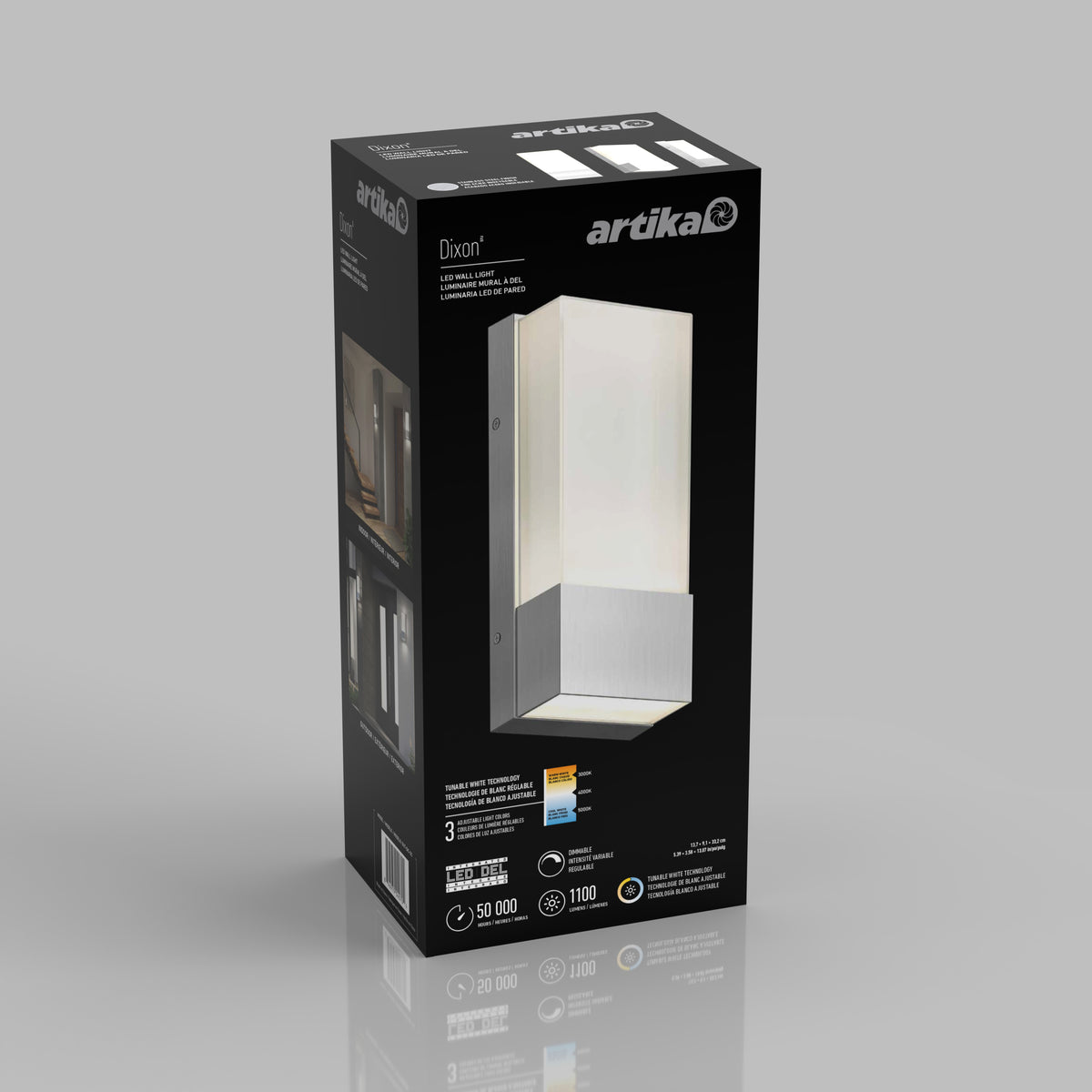 A black Artika box featuring the Dixon LED wall light, with images of the light in use on the side. The box highlights features such as 50,000 hours lifespan, 1100 lumens, and a 3-year warranty.