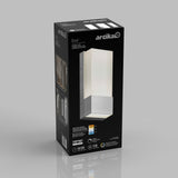 A black Artika box featuring the Dixon LED wall light, with images of the light in use on the side. The box highlights features such as 50,000 hours lifespan, 1100 lumens, and a 3-year warranty.