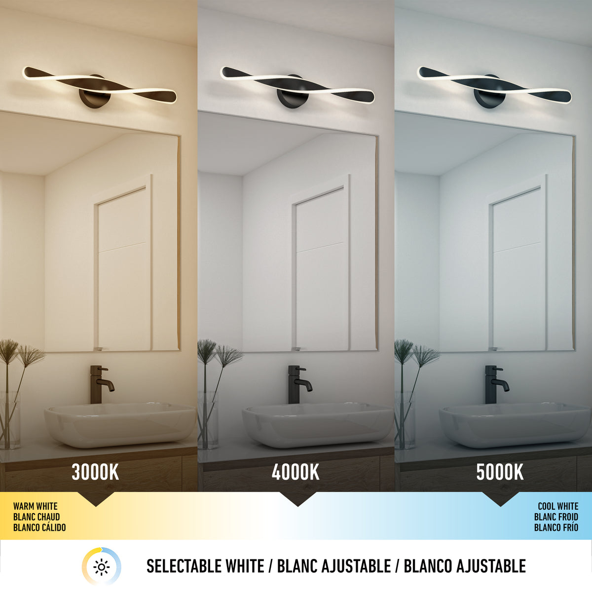 Comparison of bathroom lighting at three color temperatures: 3000K (warm white), 4000K (neutral white), and 5000K (cool white), each illuminating a modern bathroom with sink, mirror, and black faucet.