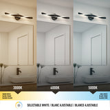 Comparison of bathroom lighting at three color temperatures: 3000K (warm white), 4000K (neutral white), and 5000K (cool white), each illuminating a modern bathroom with sink, mirror, and black faucet.
