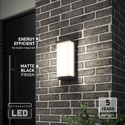 A rectangular Artika Faro modern LED indoor-outdoor wall light 3 CCT on a brick exterior, showing its matte finish and integrated LED.