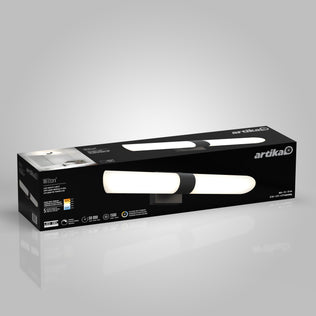 Black Artika Wilton 27″ LED 5-CCT vanity light bar shown with specs, product image, and logo on a gray background.