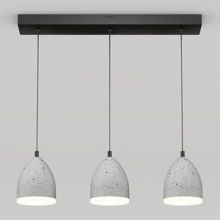 The Artika Bergen 3-light LED pendant features gray, speckled, dome-shaped shades suspended from a sleek black rectangular ceiling mount against a plain light background.