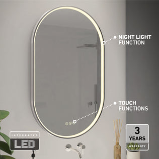 Artika Royce LED mirror 3 CCT with defogger, touch control, night light, above sink; 3-year warranty label shown.