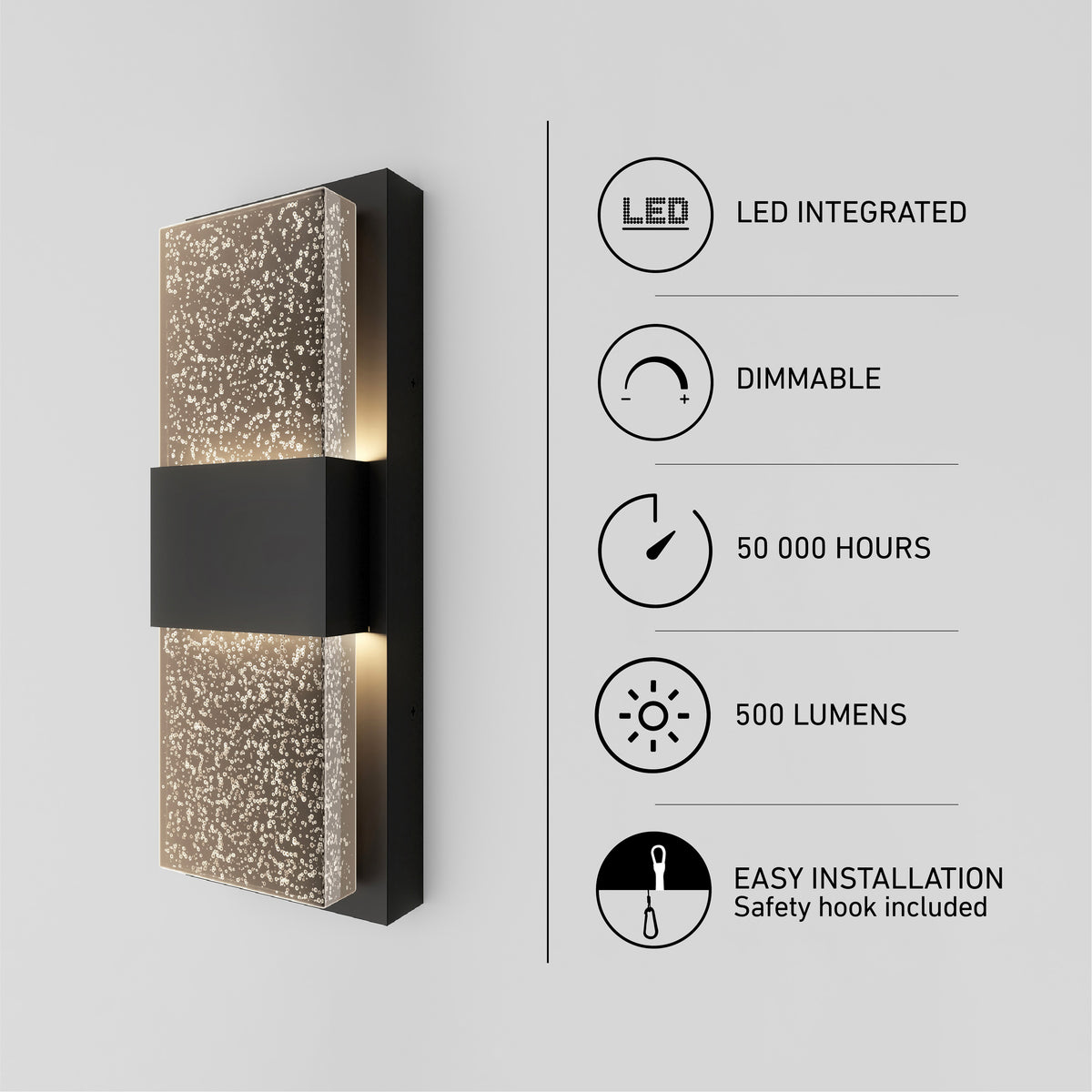 A modern wall light fixture with a speckled glass design, shown on a white wall. Infographics highlight features: LED integrated, dimmable, 50,000 hours lifespan, 500 lumens brightness, and easy installation.