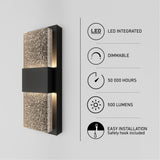 A modern wall light fixture with a speckled glass design, shown on a white wall. Infographics highlight features: LED integrated, dimmable, 50,000 hours lifespan, 500 lumens brightness, and easy installation.