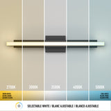A modern wall light fixture shown with five color temperatures from warm 2700K on the left to cool 5000K on the right, labeled with color values and descriptions in English, French, and Spanish.