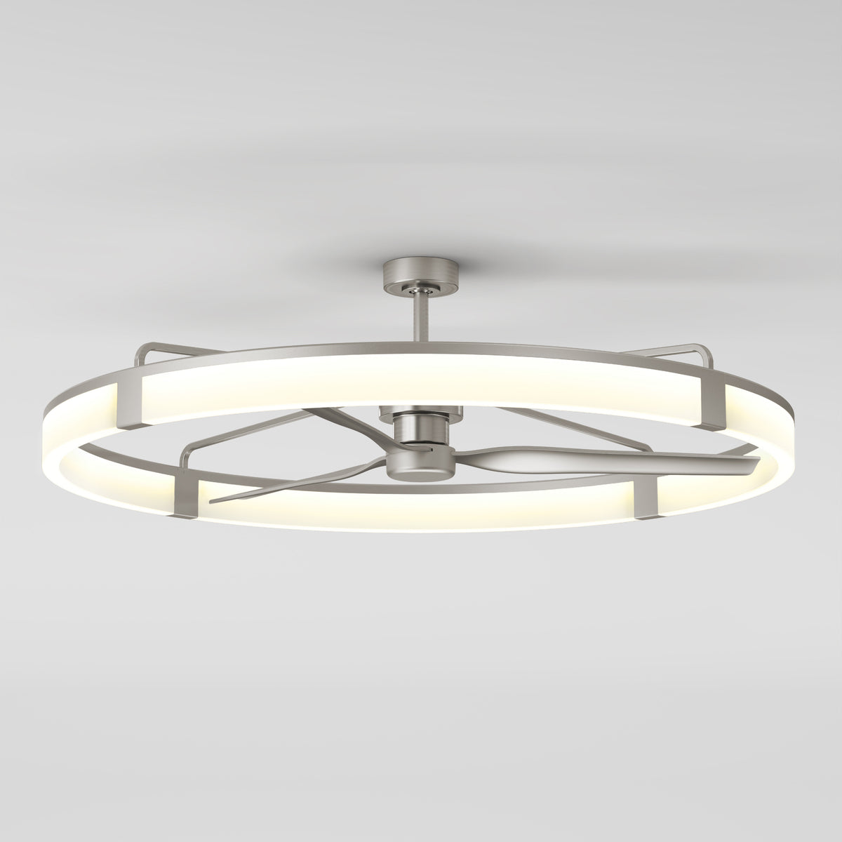 Artika Sunnyvale 52 in. LED modern ceiling fan with remote, featuring a metallic frame, mounted on a light gray ceiling.