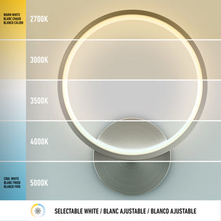 The Artika Solis modern LED indoor-outdoor wall light 5 CCT features a round design with adjustable white light shades from warm (2700K) to cool (5000K), ideal for accent lighting in contemporary spaces, and clearly labeled color temperature options.