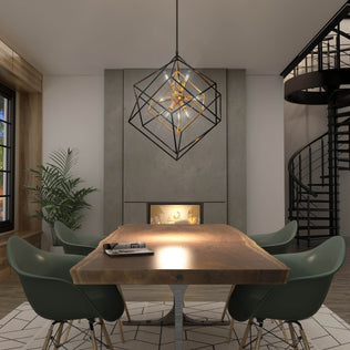 Modern dining room with wooden table, green chairs, Artika Imperium 9-light chandelier near fireplace and black spiral staircase.