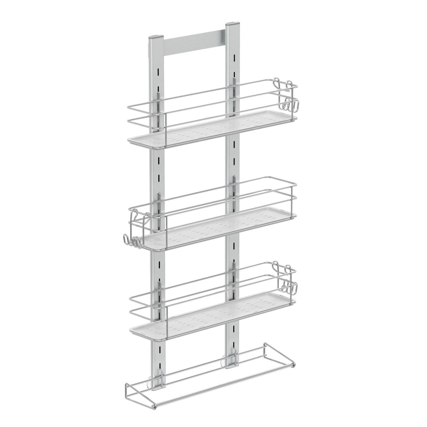 The Artika Camden Shower Caddy is a four-tier silver metal wall-mounted rack with wire shelves, hooks on the left side of the middle shelves, and a bottom horizontal bar for hanging items.