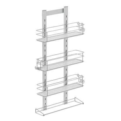The Artika Camden Shower Caddy is a four-tier silver metal wall-mounted rack with wire shelves, hooks on the left side of the middle shelves, and a bottom horizontal bar for hanging items.