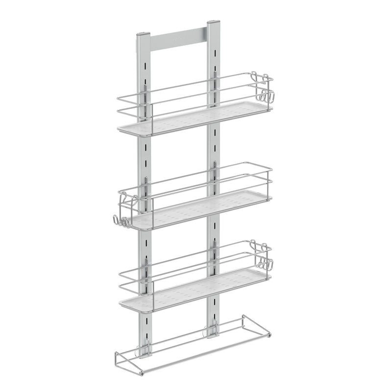 The Artika Camden Shower Caddy is a four-tier silver metal wall-mounted rack with wire shelves, hooks on the left side of the middle shelves, and a bottom horizontal bar for hanging items.