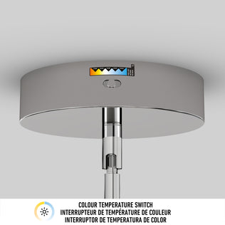 A close-up of the Artika Silvio LED pendant light's color temperature switch label displays different light tones. Text below reads "COLOUR TEMPERATURE SWITCH" in English and French.