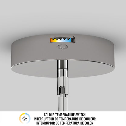 A close-up of the Artika Silvio LED pendant light's color temperature switch label displays different light tones. Text below reads "COLOUR TEMPERATURE SWITCH" in English and French.