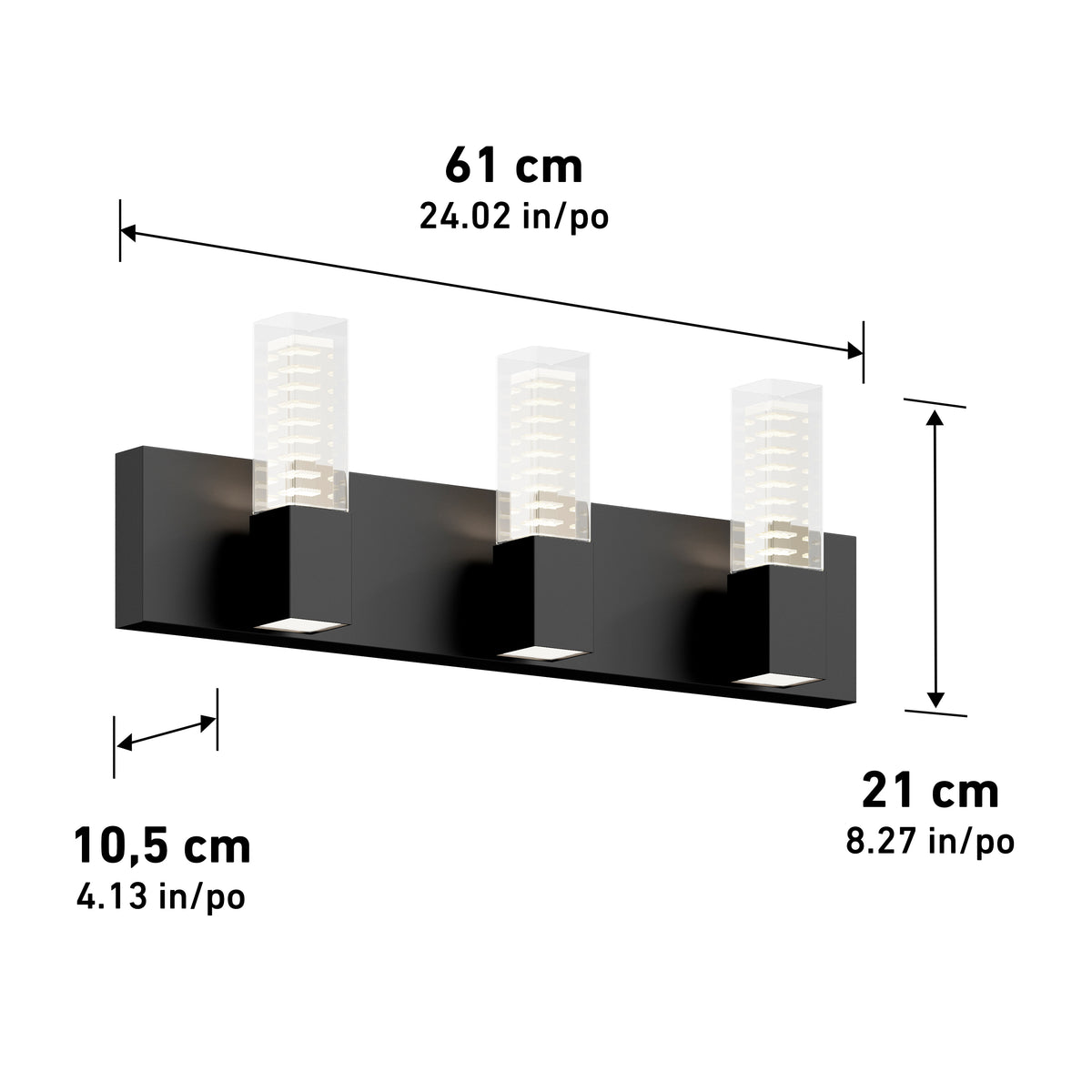 A black wall-mounted light fixture with three clear acrylic shades. Dimensions shown: 61 cm (24.02 in) wide, 21 cm (8.27 in) high, and 10.5 cm (4.13 in) deep.